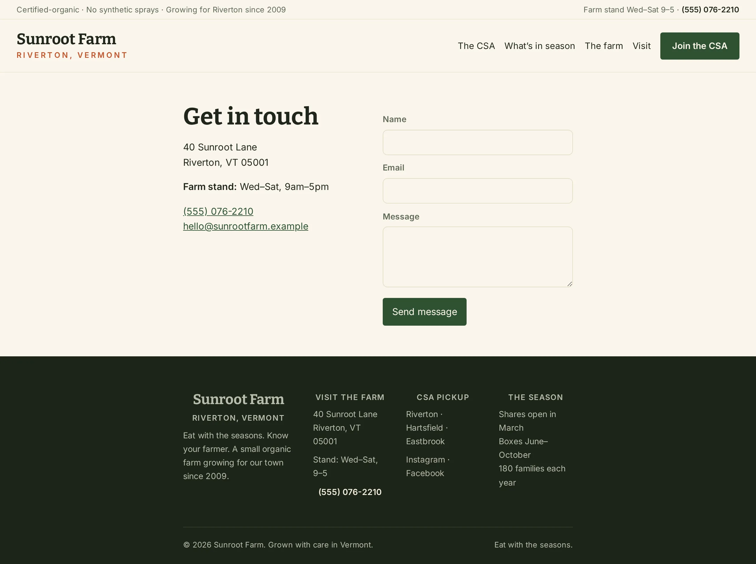 Contact page in the Bushel WordPress theme, with stand hours, market days, and a map