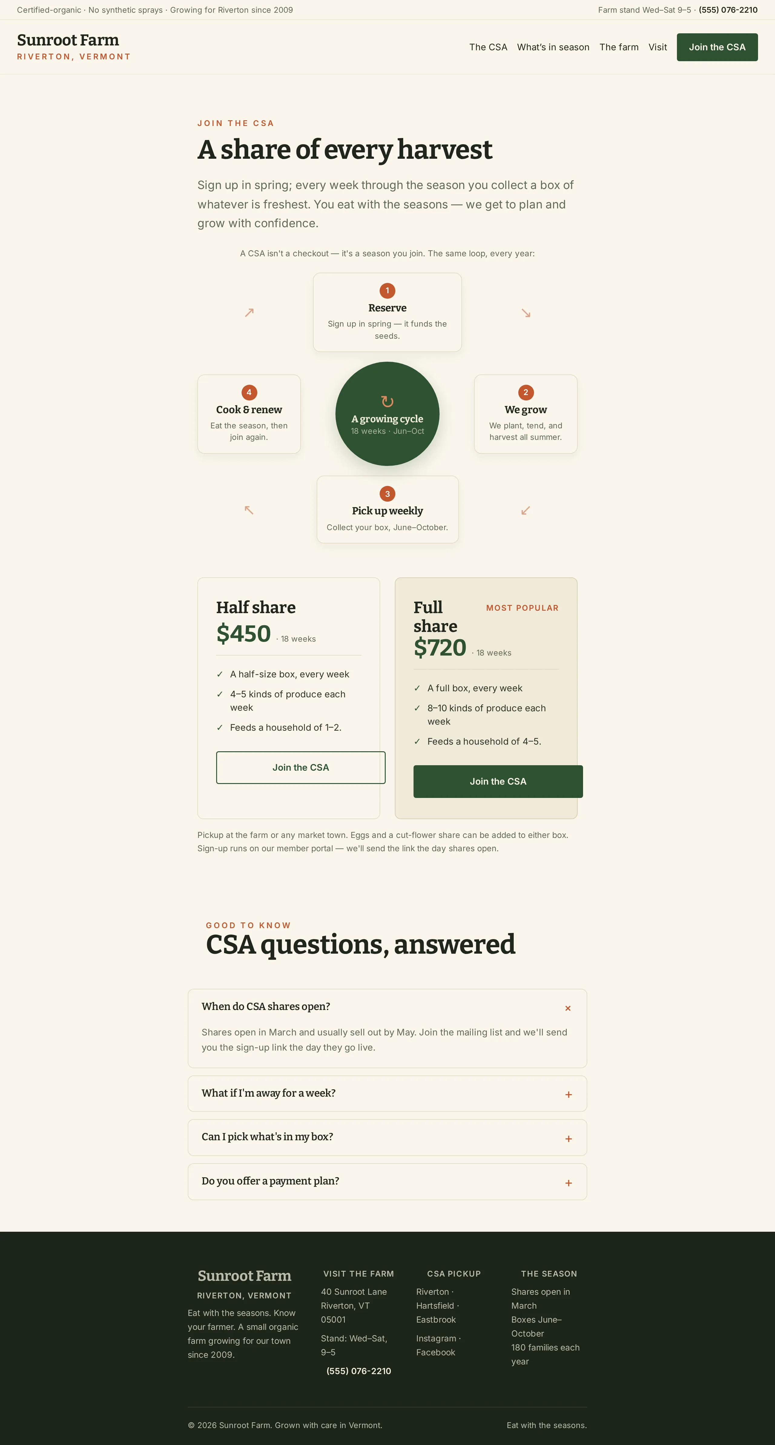 CSA membership page in the Bushel WordPress theme, explaining the shares, the season, and pickup, with a link to sign up