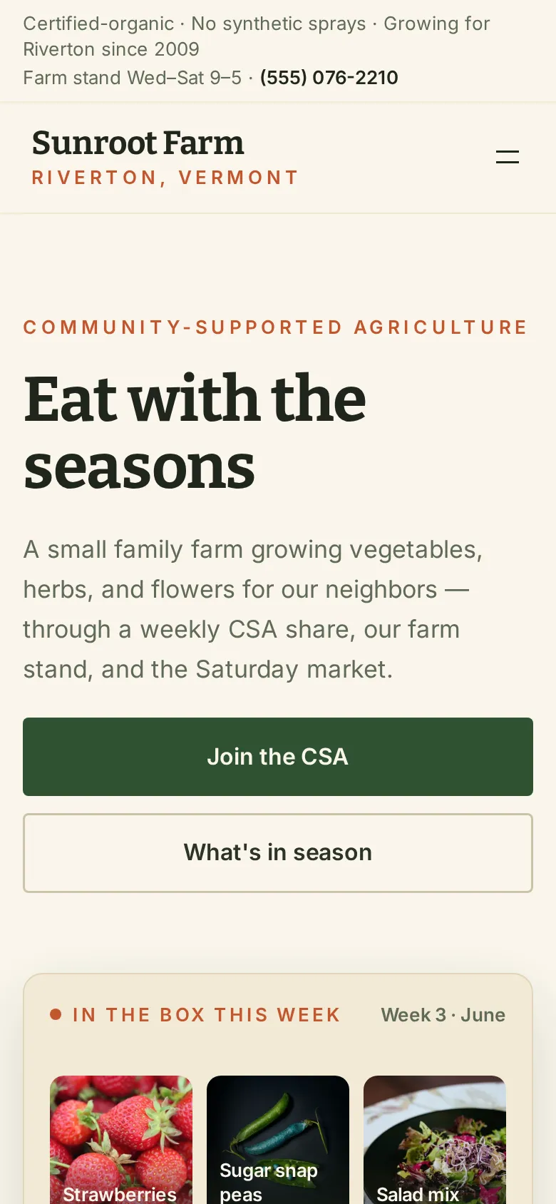 The Bushel farm theme shown on a mobile phone screen, with the hero and what's-in-season list stacked for small displays