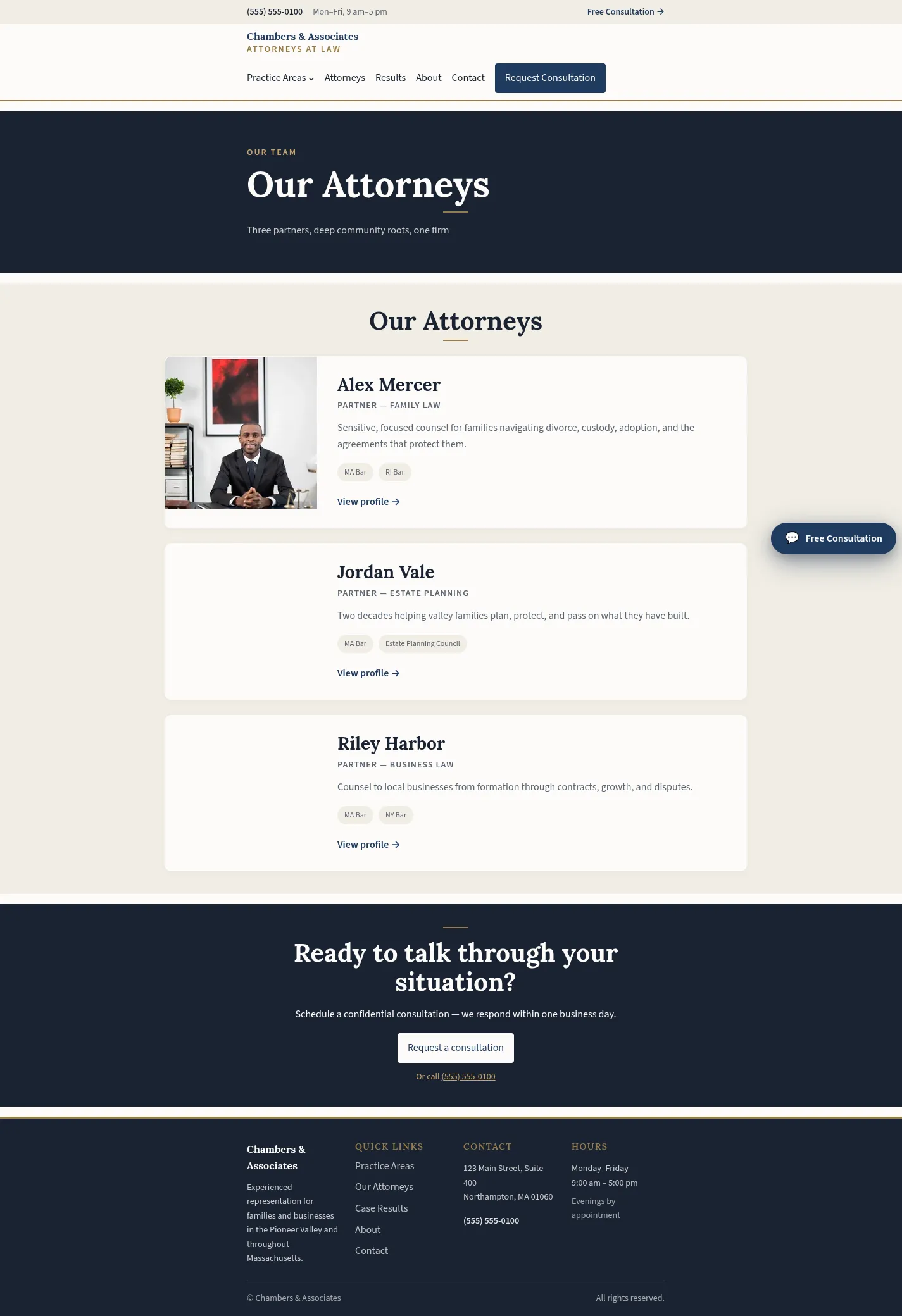 Attorney profiles page in the Counsel WordPress law firm theme, with cards for each attorney's name and practice focus