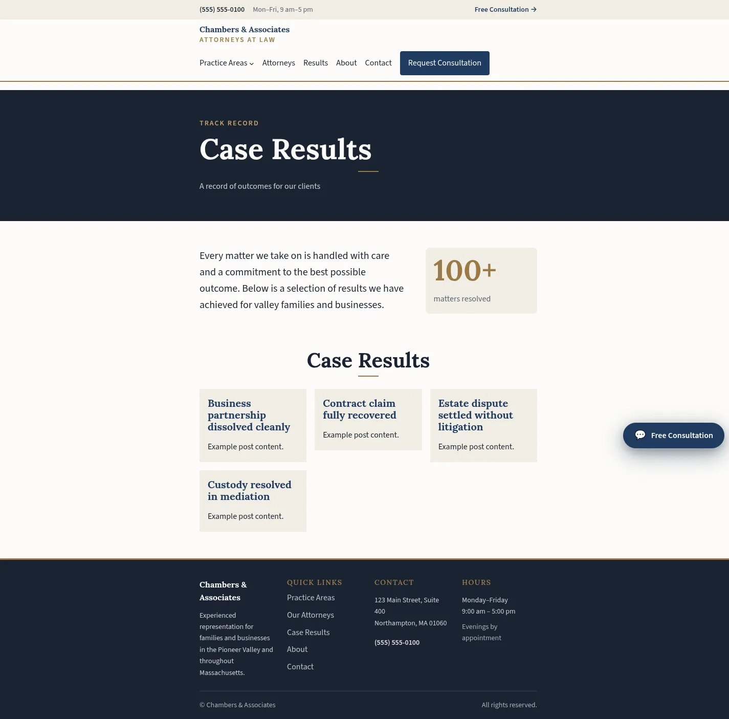Case results page in the Counsel WordPress law firm theme, listing outcomes the firm achieved for clients