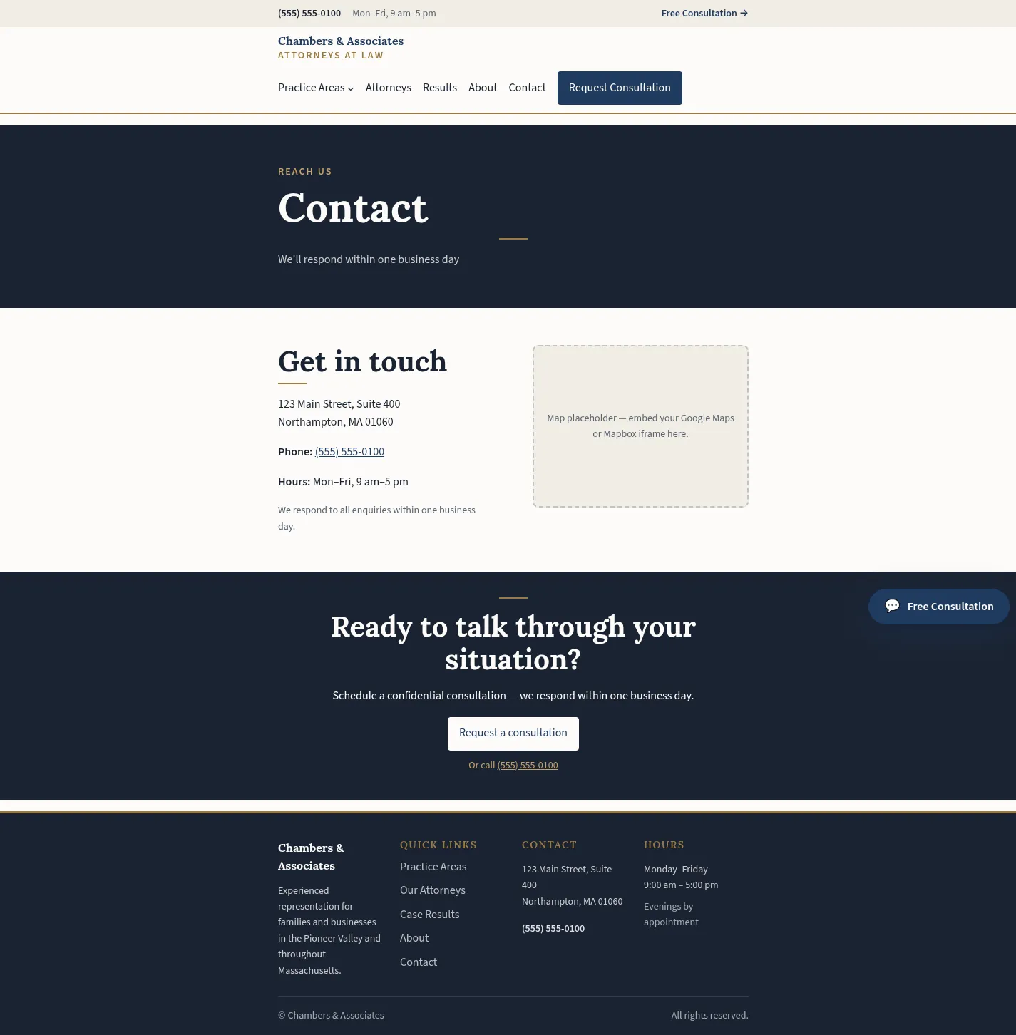 Contact and consultation page in the Counsel WordPress law firm theme, with the firm's address, phone, and hours