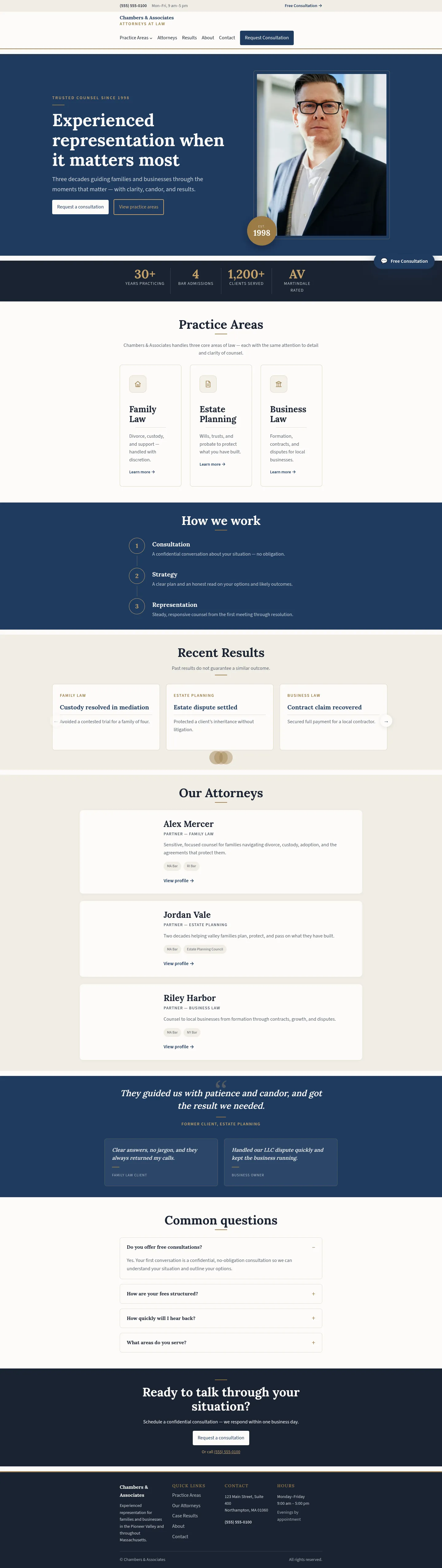 Home page of the Counsel WordPress theme for a law firm, with a navy and gold hero and a clear call to request a consultation