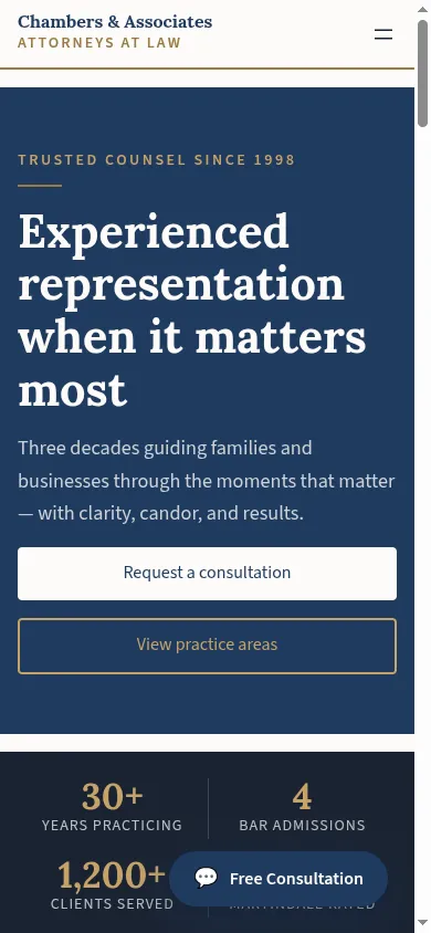 The Counsel law firm theme shown on a mobile phone screen, with the hero and statistics stacked for small displays