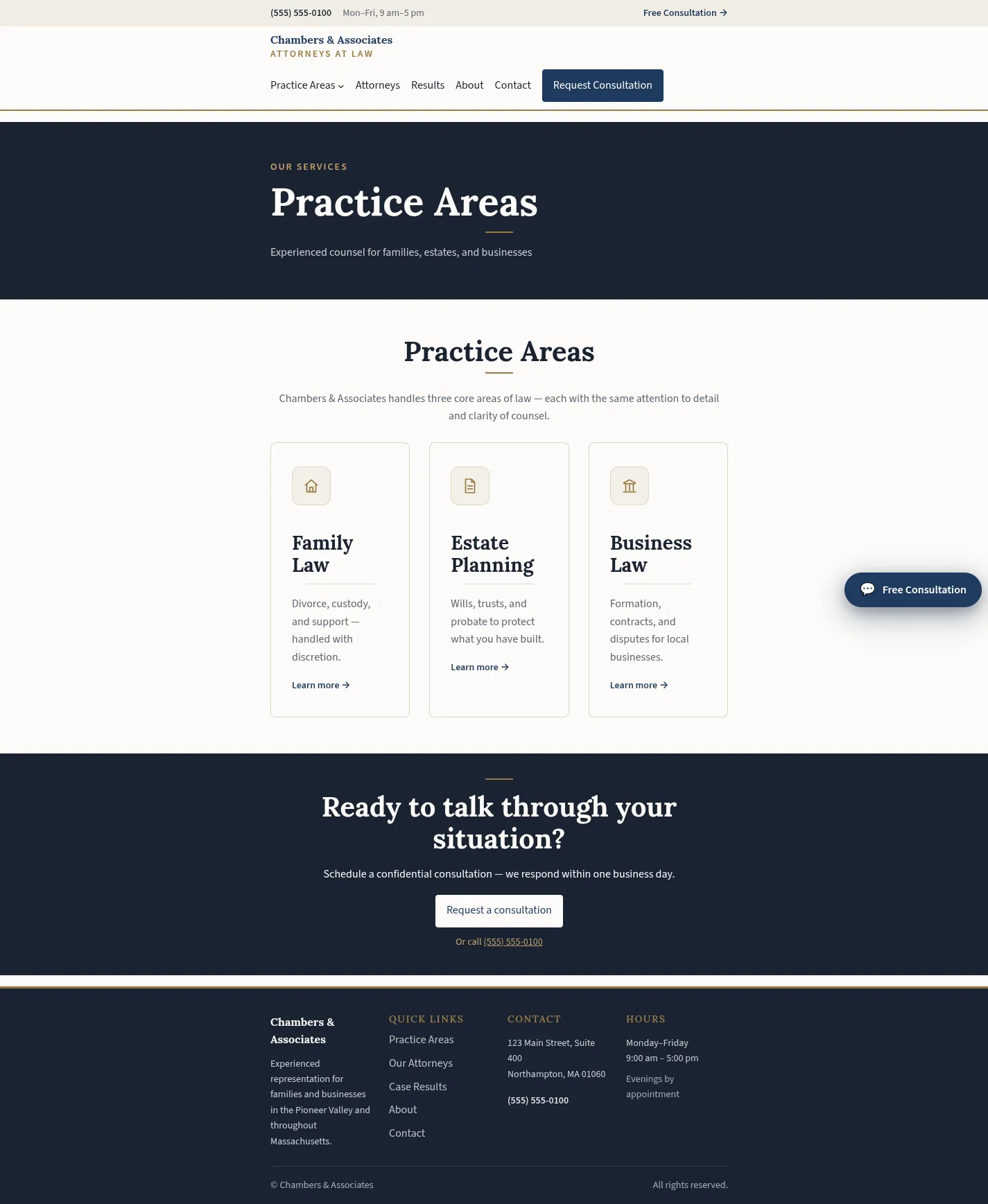 Law firm practice areas section in the Counsel WordPress theme, with cards for family law, estate planning, and business law