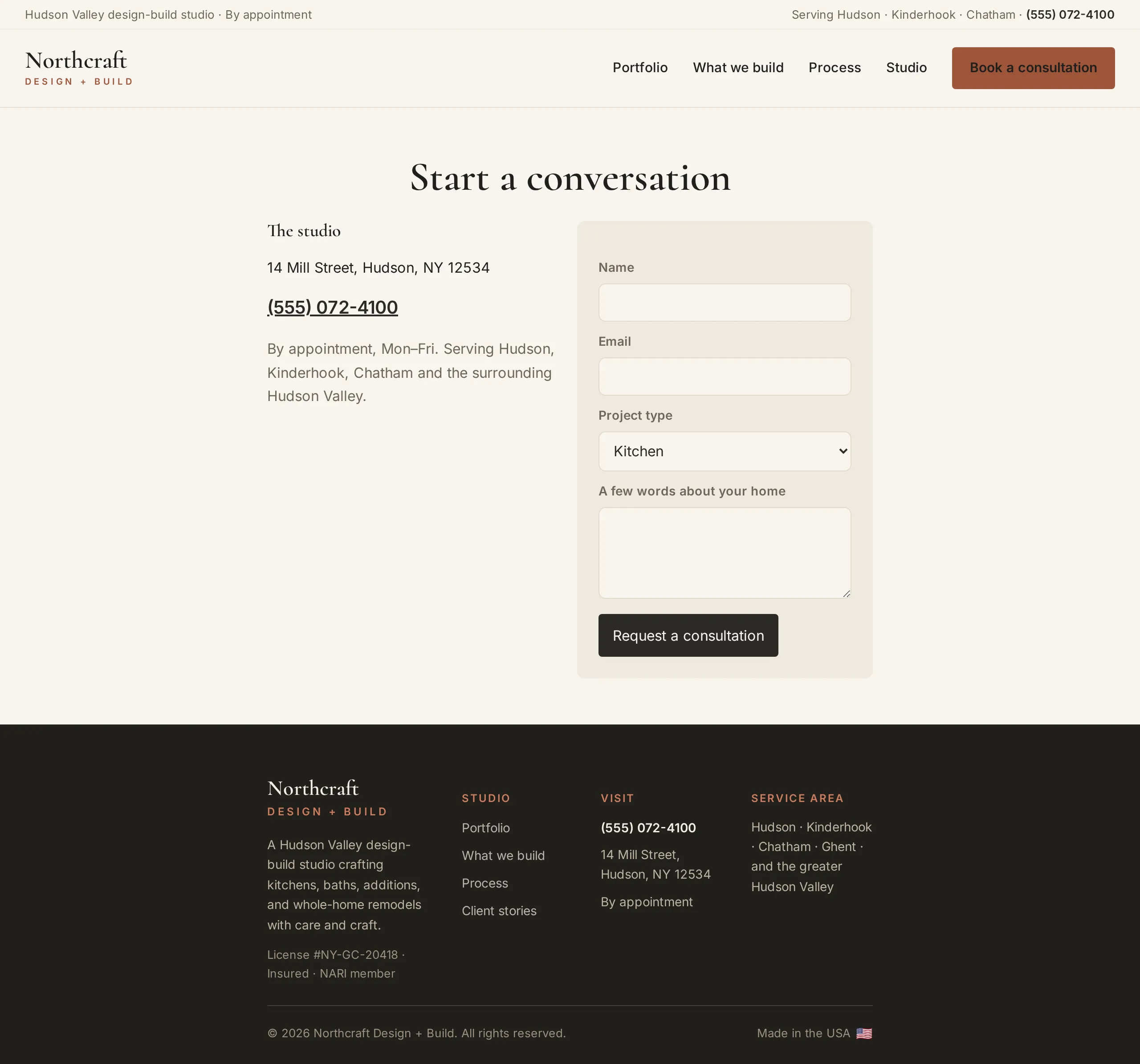 Start-a-project contact page in the Draftline WordPress theme, with a form and the firm's contact details