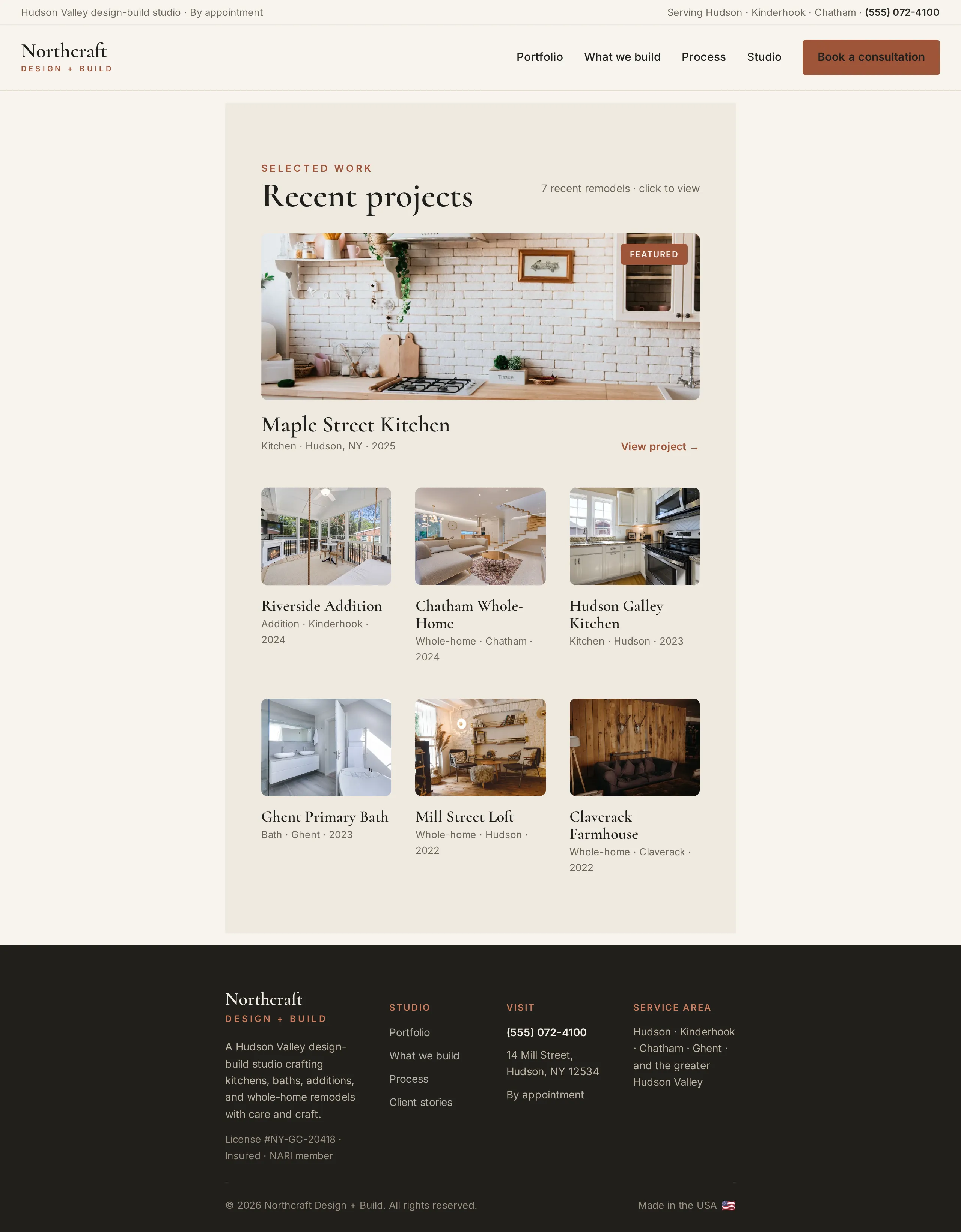 Project portfolio page in the Draftline WordPress theme, with a gallery of remodeling projects filterable by room and scope