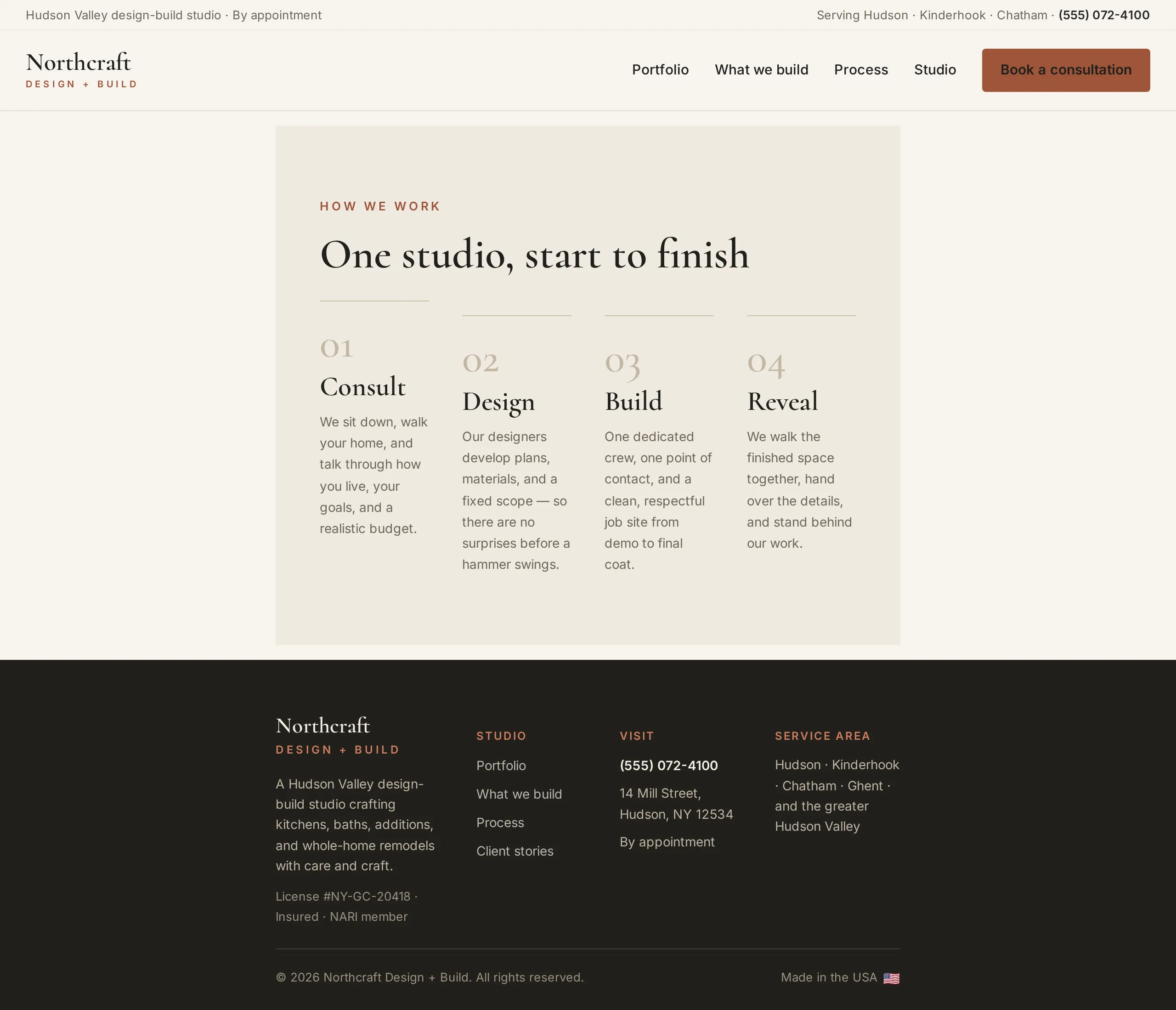 Design-build process page in the Draftline WordPress theme, laying out the stages of working with the firm
