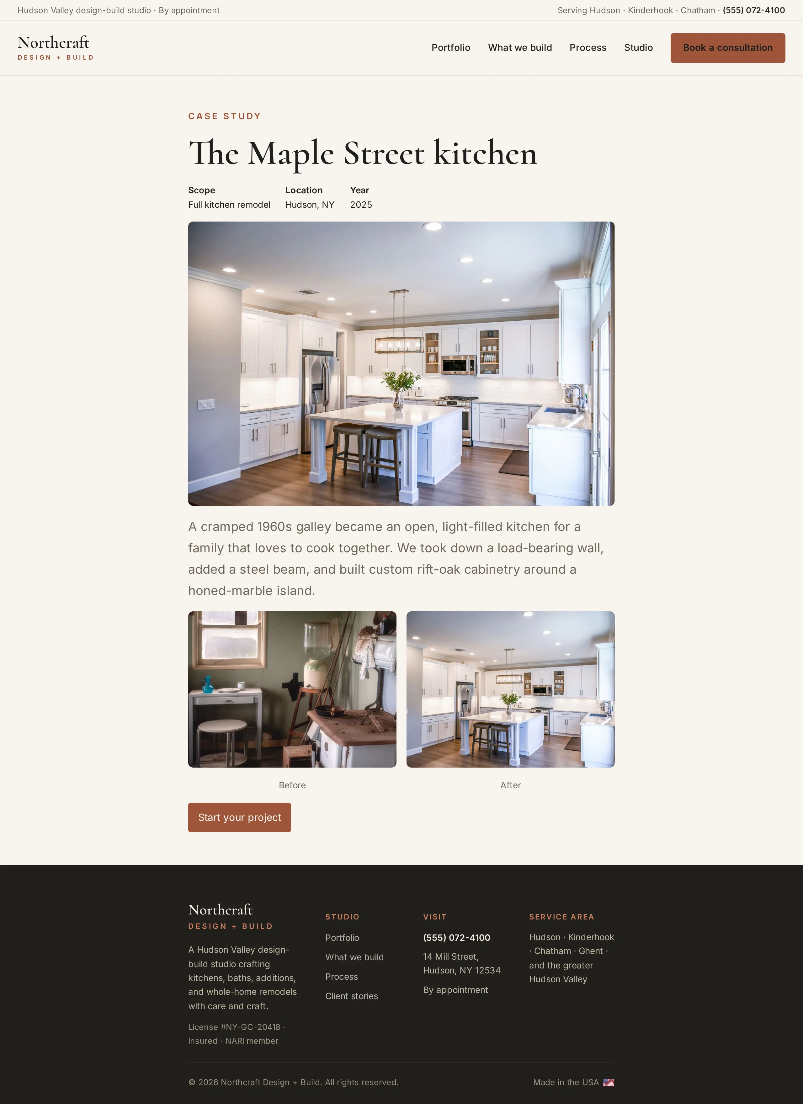 Before-and-after case study page in the Draftline WordPress theme, showing the brief, the before, and the after of a kitchen remodel