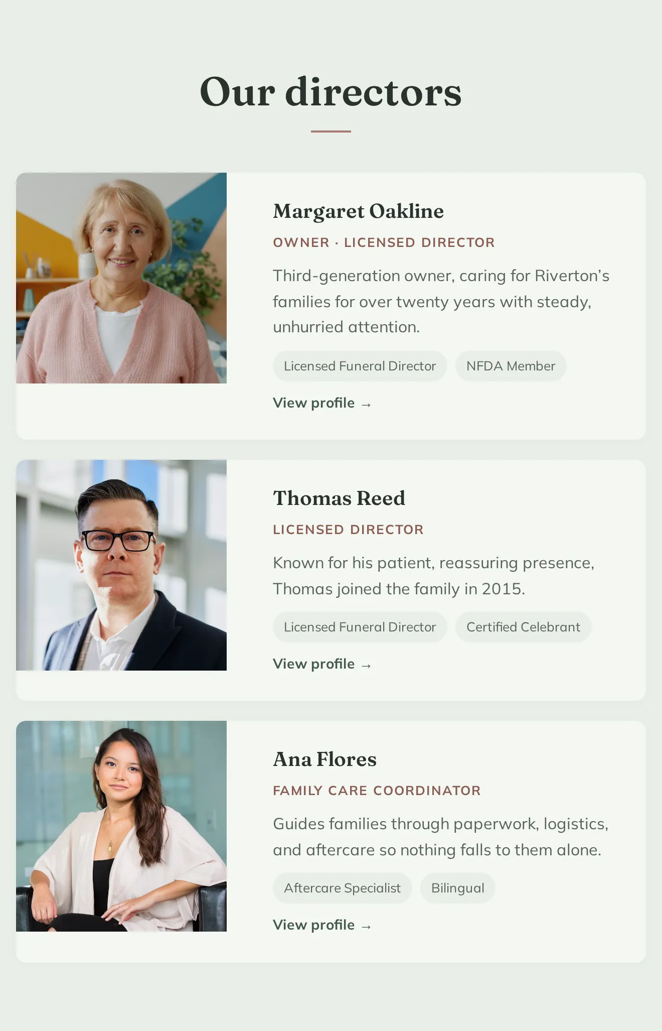 Funeral home director and staff profiles in the Evergreen WordPress theme, shown as warm cards