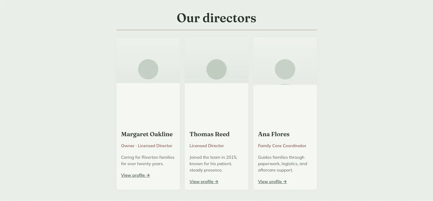 Funeral home director and staff profiles in the Evergreen WordPress theme, shown as warm cards