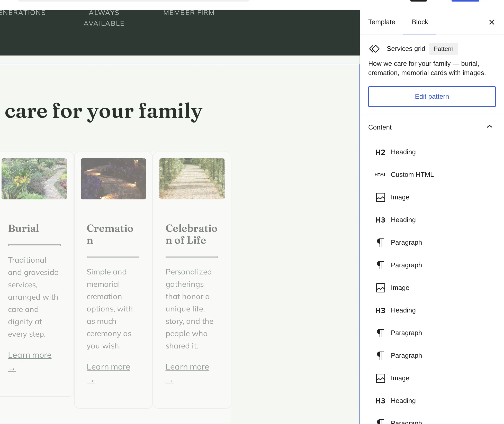 The WordPress block editor open on the Evergreen funeral home theme, showing a service card as a real, editable core block rather than custom HTML