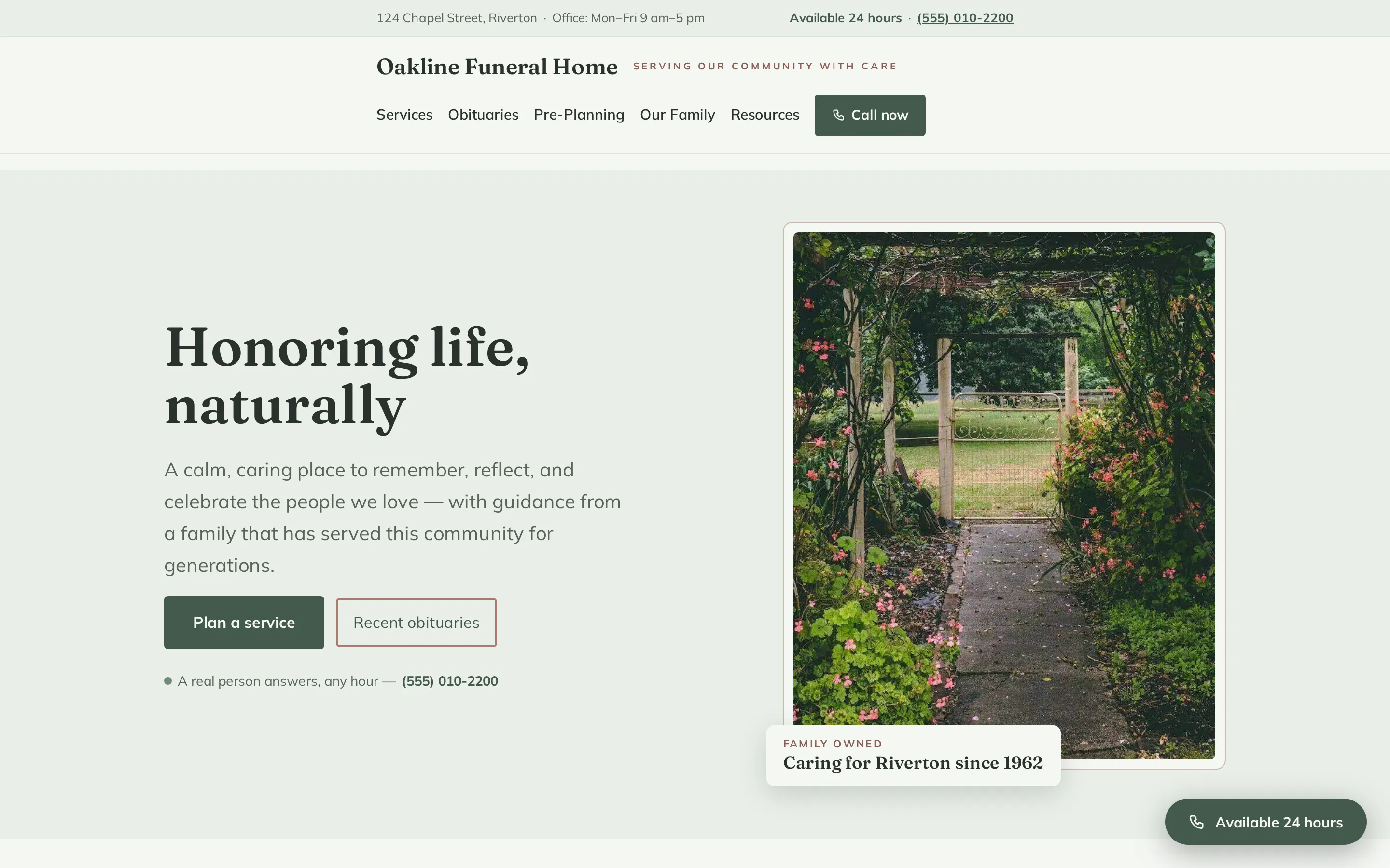 Home page of the Evergreen WordPress theme for funeral homes, with a warm, light-filled hero for Oakline Funeral Home