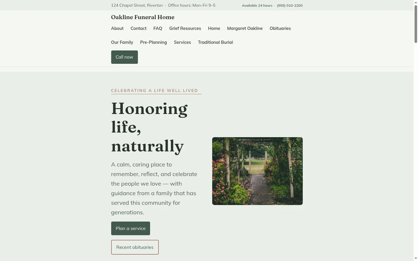 Home page of the Evergreen WordPress theme for funeral homes, with a warm, light-filled hero for Oakline Funeral Home
