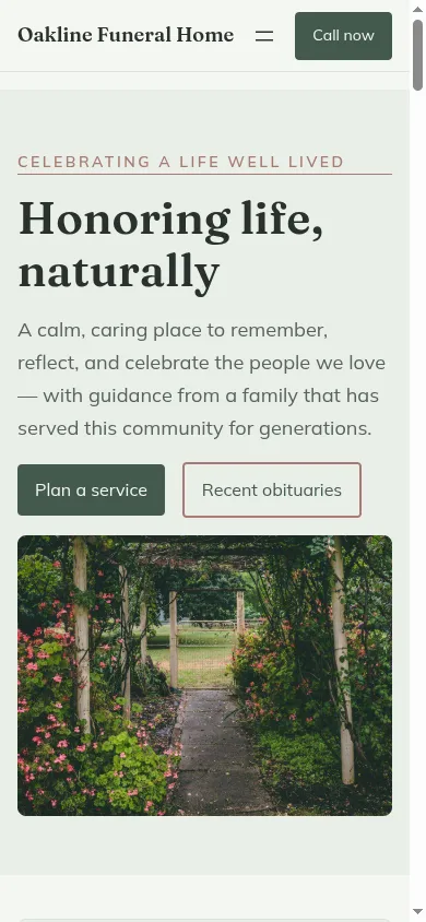 The Evergreen funeral home theme shown on a mobile phone screen, calm and clear on a small display