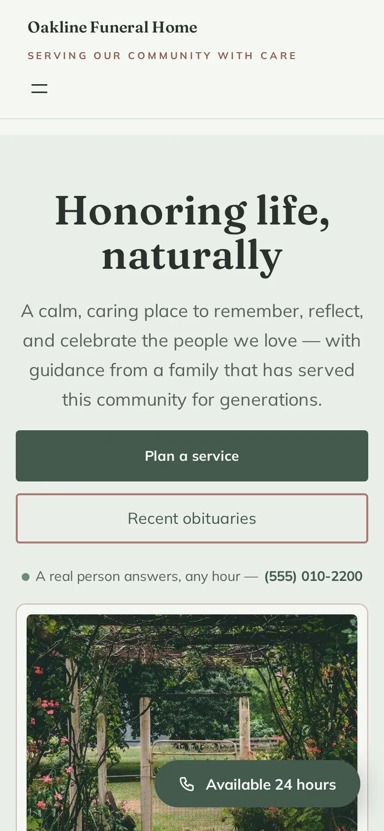 The Evergreen funeral home theme shown on a mobile phone screen, calm and clear on a small display