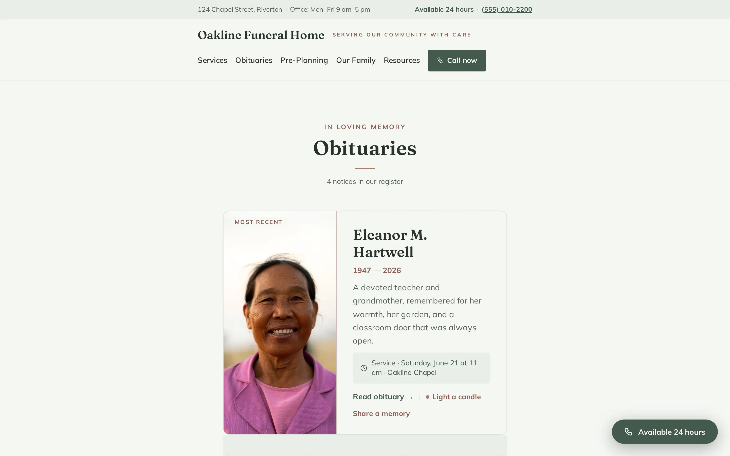 Funeral home obituaries page in the Evergreen WordPress theme, listing recent obituaries as cards