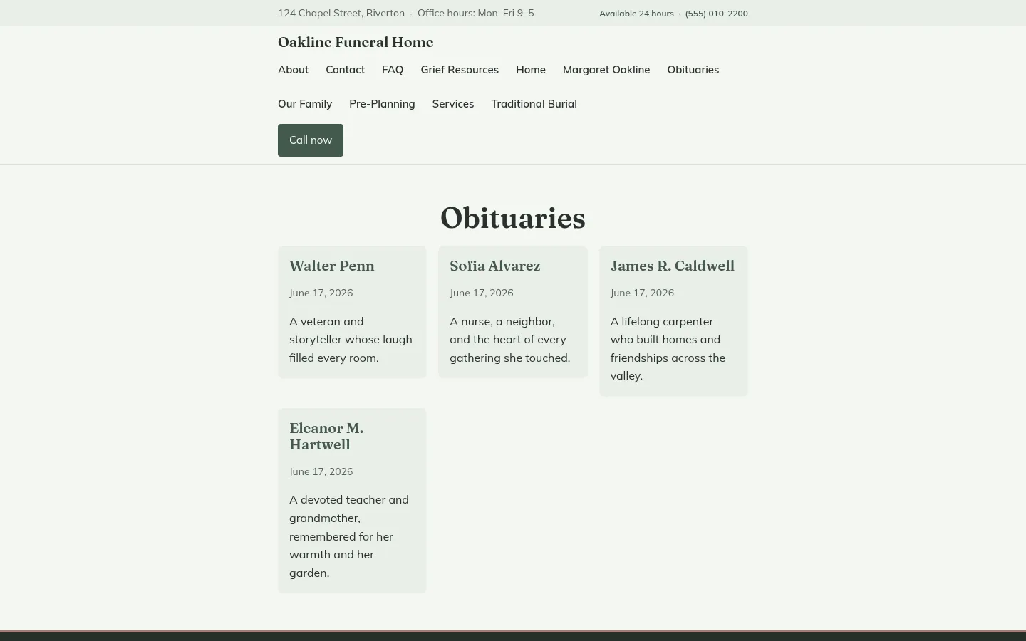 Funeral home obituaries page in the Evergreen WordPress theme, listing recent obituaries as cards