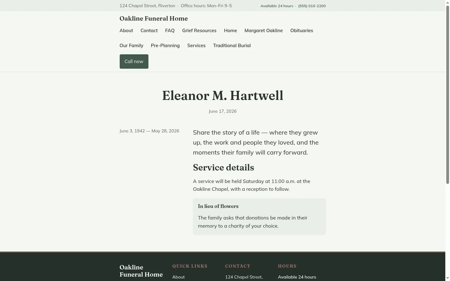 A single obituary in the Evergreen funeral home theme, showing the calm, readable layout with service details