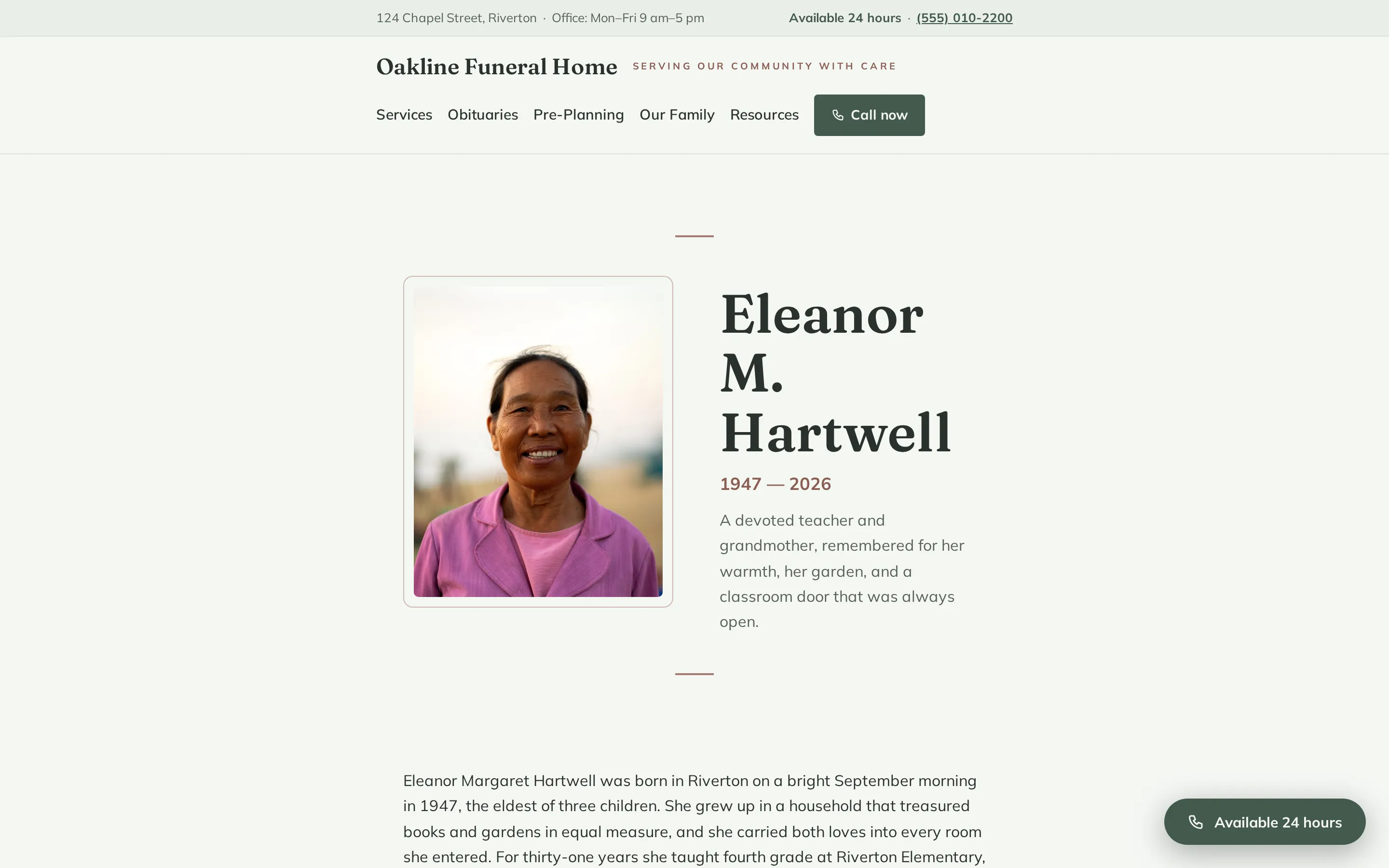 A single obituary in the Evergreen funeral home theme, showing the calm, readable layout with service details