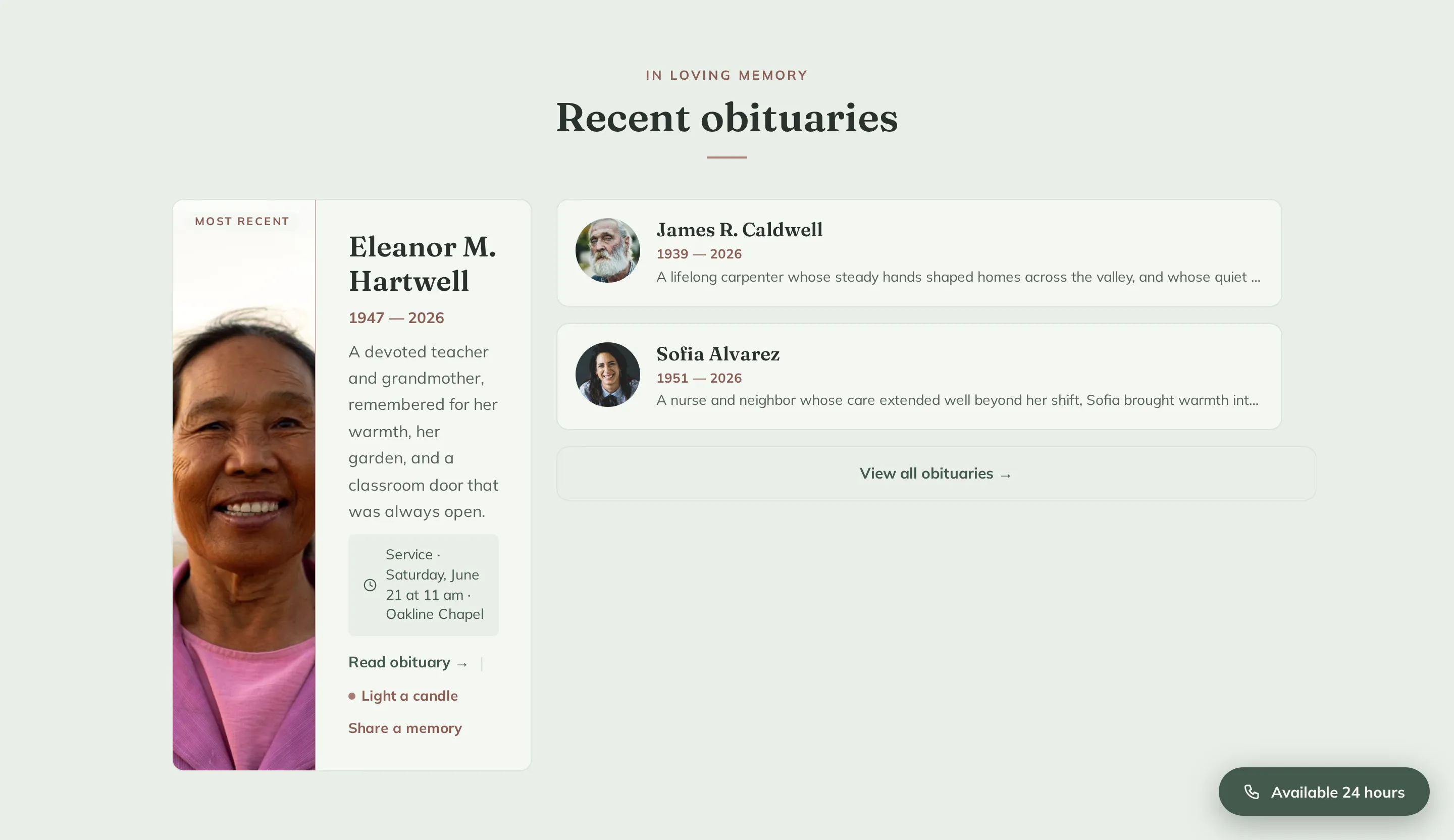 The recent-obituaries preview on the Evergreen funeral home theme homepage, automatically listing the most recently published memorials