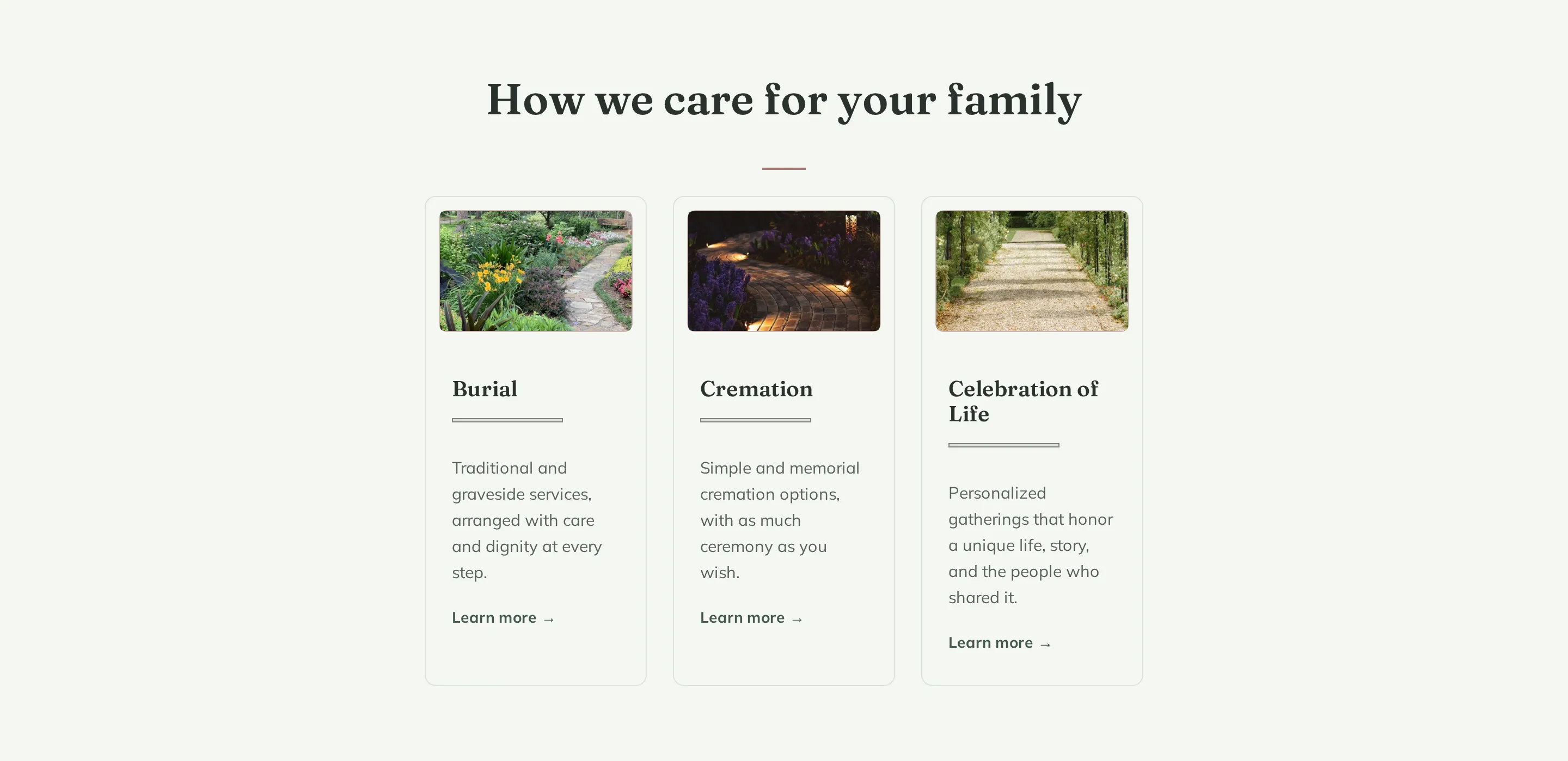 Funeral home services section in the Evergreen WordPress theme, with burial, cremation, and celebration-of-life cards