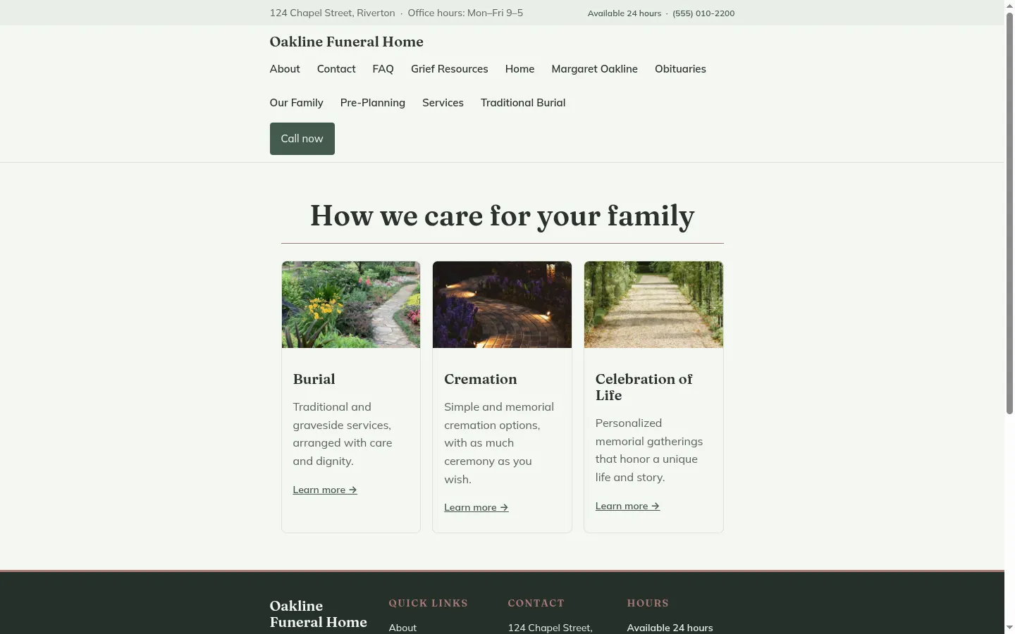 Funeral home services section in the Evergreen WordPress theme, with burial, cremation, and celebration-of-life cards