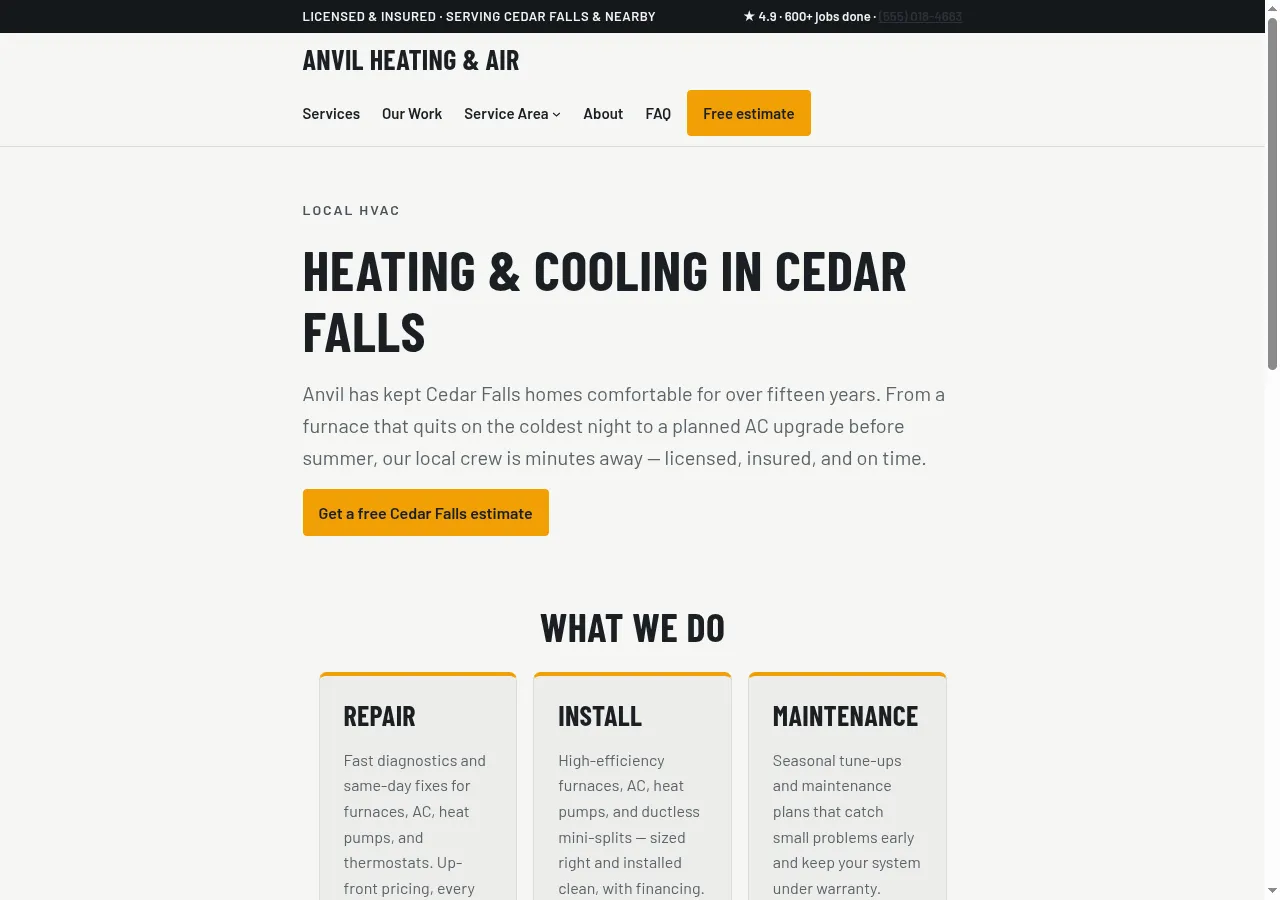 A city landing page in the Forge WordPress theme, showing Cedar Falls HVAC service with a headline, service list, and local details