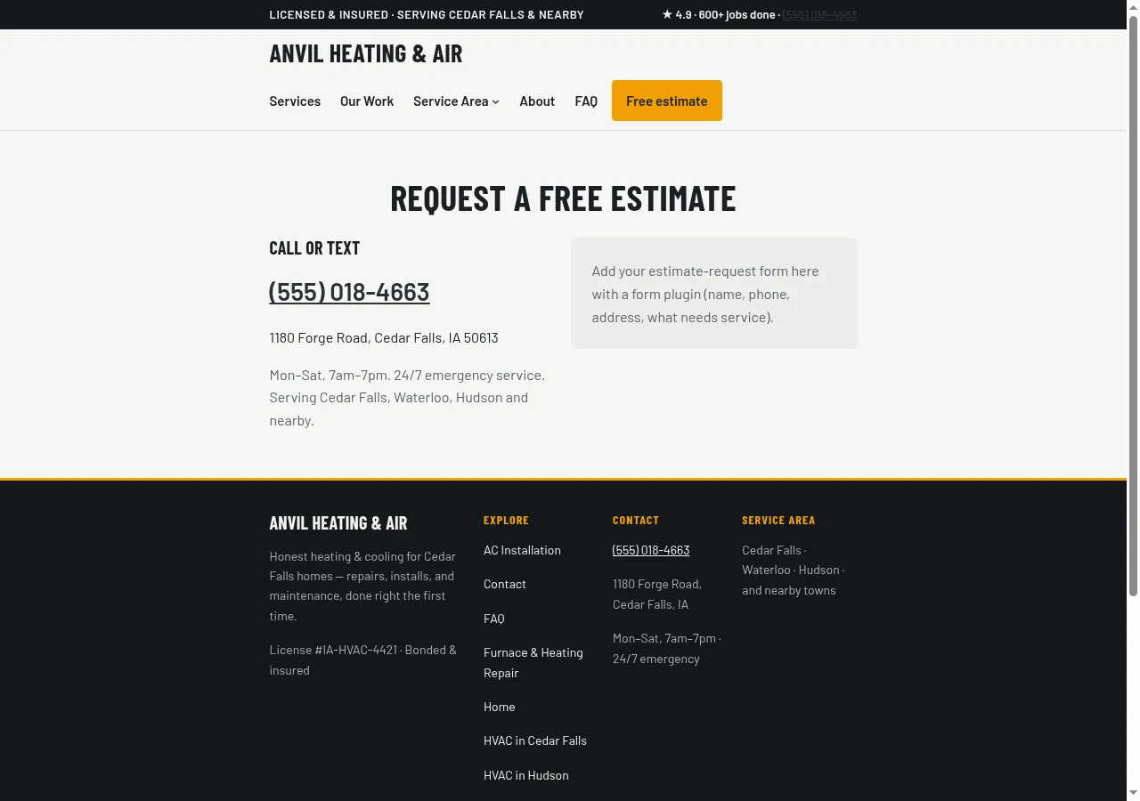 Contact and estimate page in the Forge WordPress theme, with a phone number, quote request, and business hours