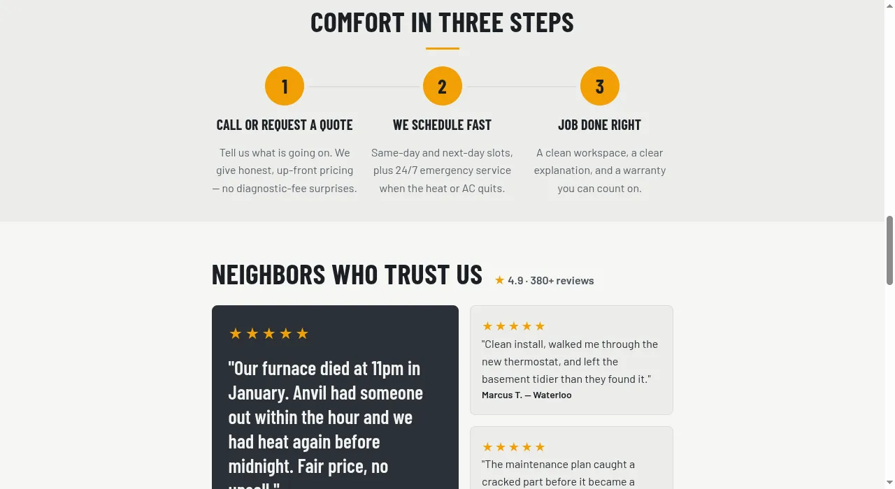 Credentials and process section in the Forge WordPress theme, showing licensed and insured badges and a numbered how-we-work process
