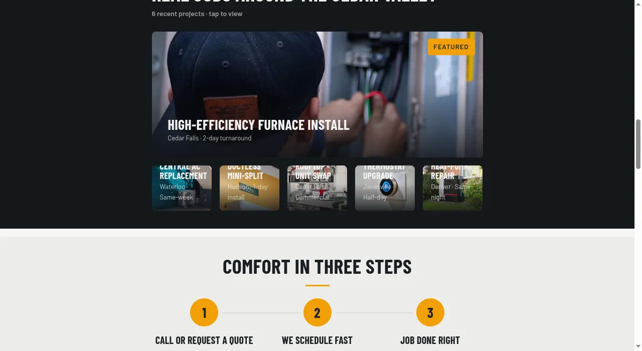 Work gallery section of the Forge WordPress theme, showing a project tile grid on a dark background