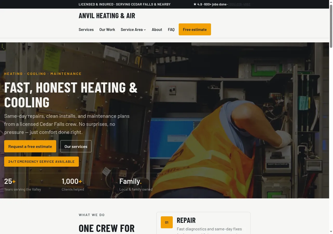 Home page of the Forge WordPress theme for trade contractors, with a full-bleed dark hero for Anvil Heating & Air and amber trust stats