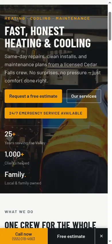 The Forge trades theme on a mobile phone, with a sticky call-bar floating at the bottom of the screen