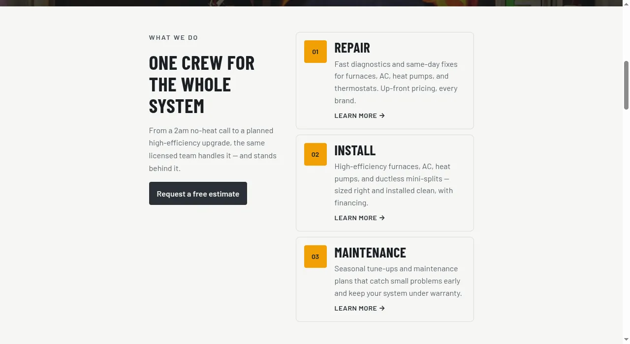 Services section of the Forge WordPress theme, with an asymmetric split layout and amber index chips