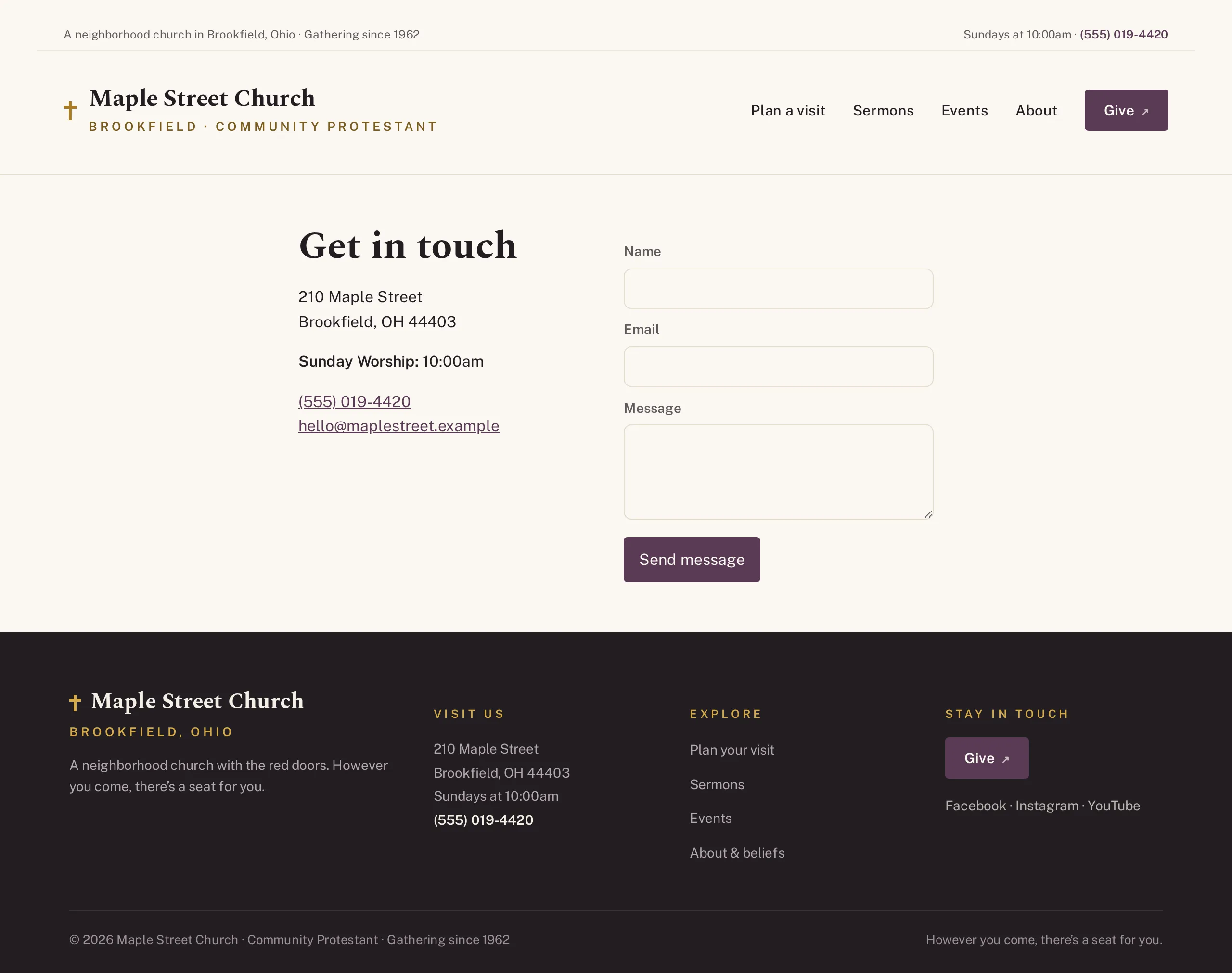 Times and directions page in the Steeple WordPress theme, showing service times, the church address, parking notes, and a map