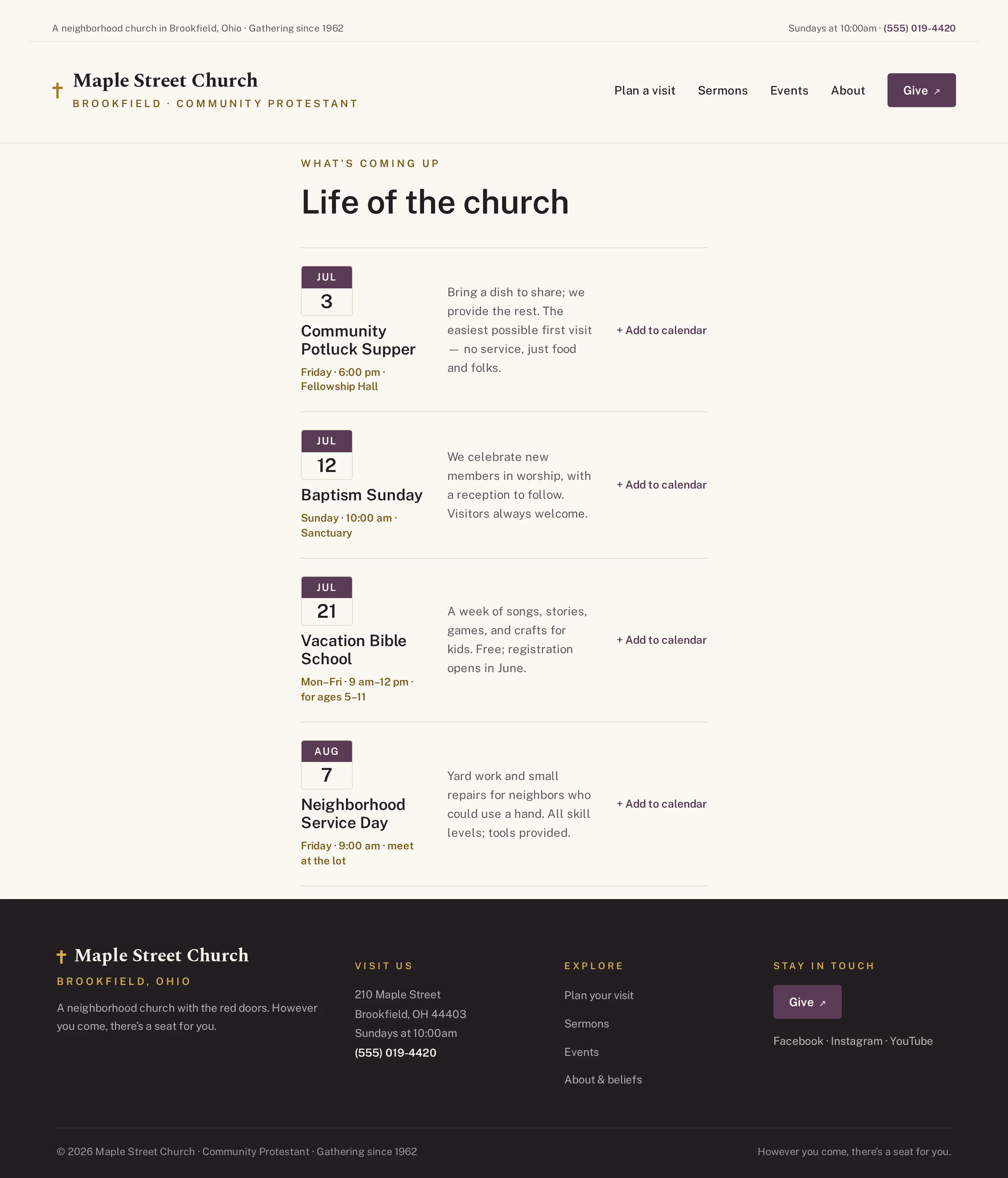 Events calendar page in the Steeple WordPress theme, showing service times, small groups, and seasonal church gatherings