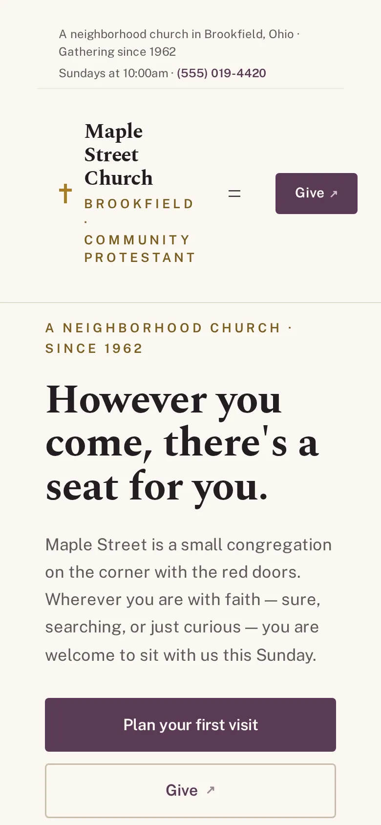 The Steeple church theme shown on a mobile phone screen, with service times and the plan-your-visit page stacked for small displays