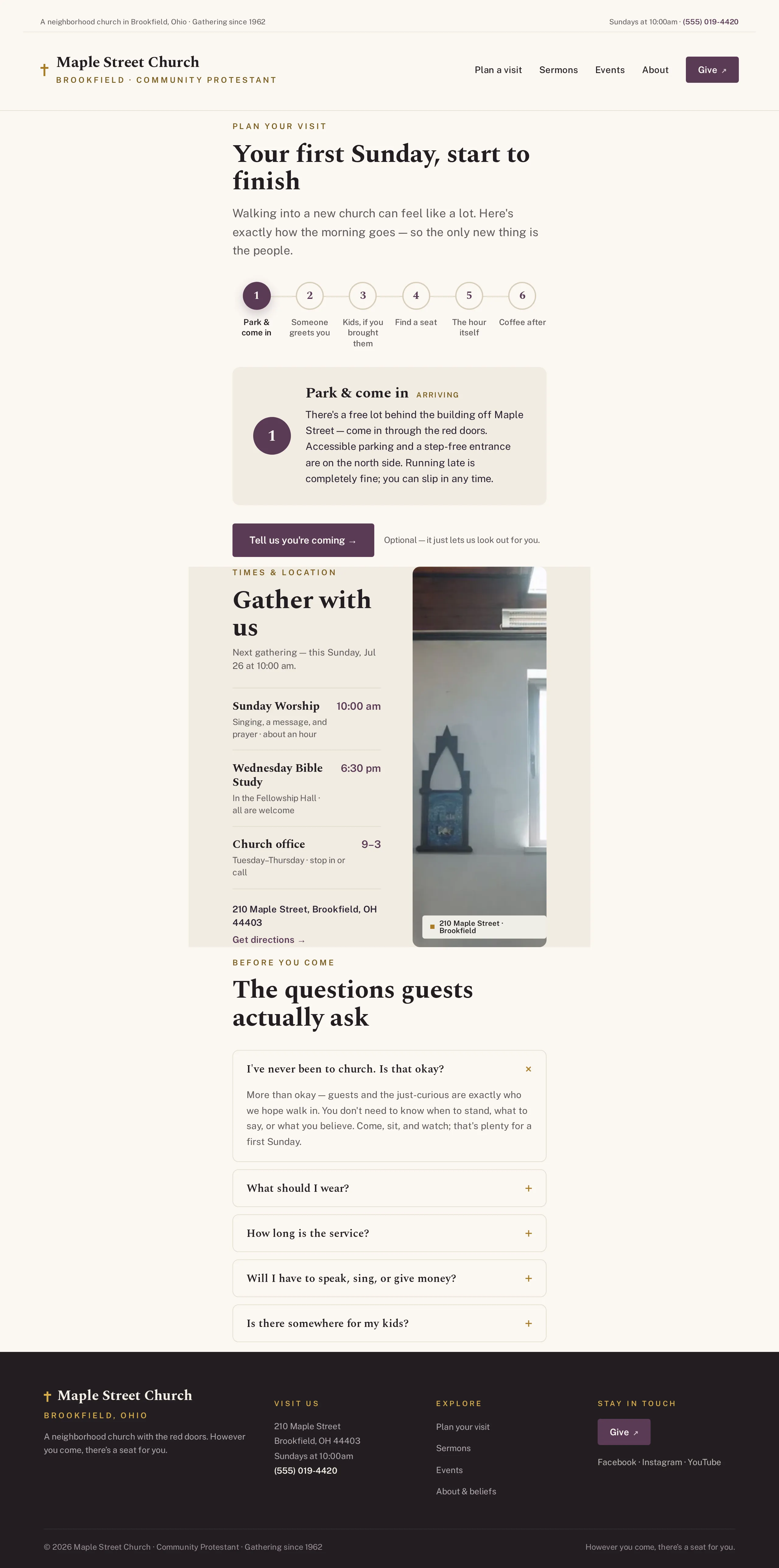 Plan your visit page in the Steeple WordPress theme, with parking notes, what to wear, service length, and children's ministry details for a first-time visitor