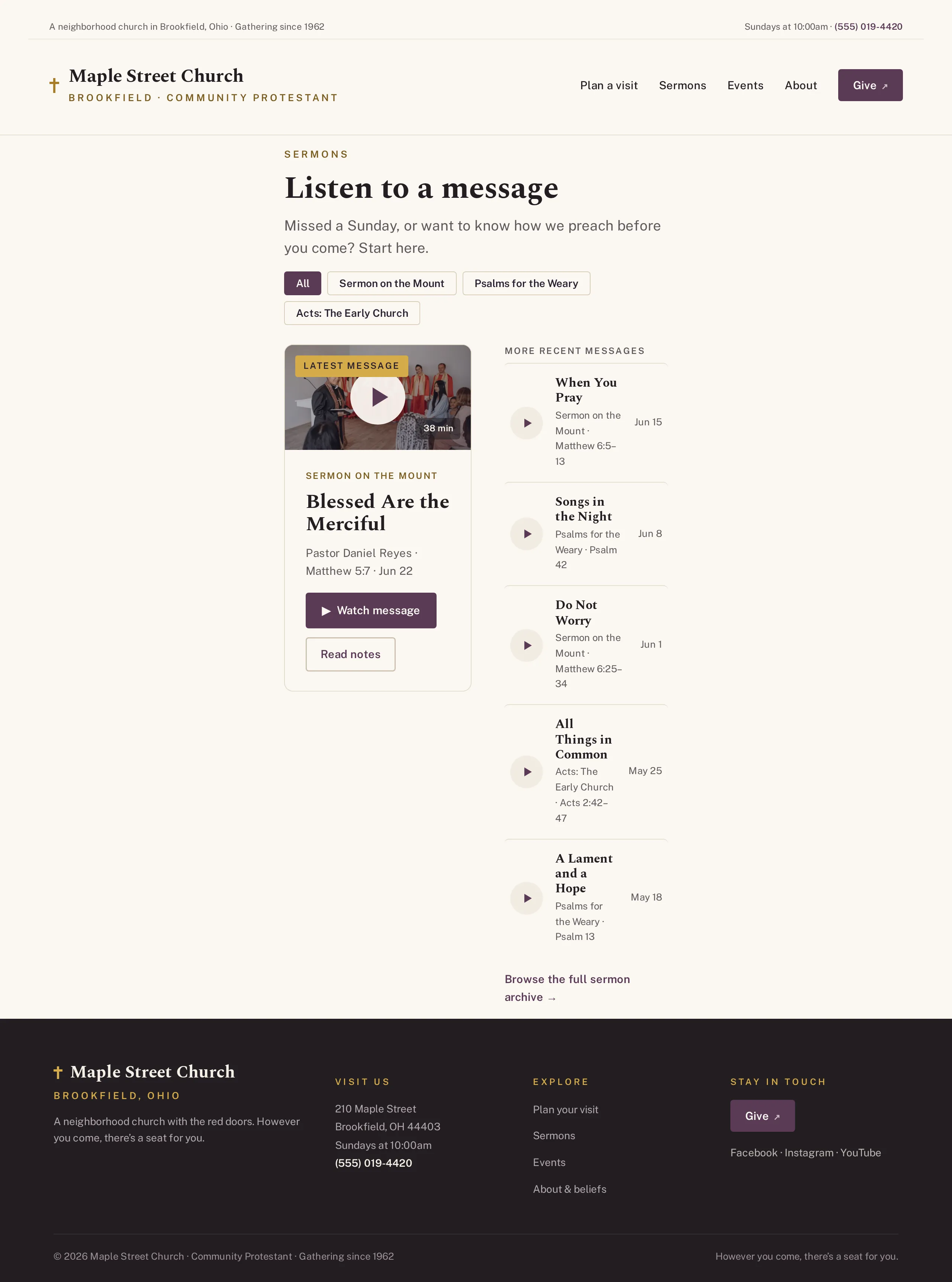 Sermon archive page in the Steeple WordPress theme, listing past messages as standard WordPress posts with audio and video